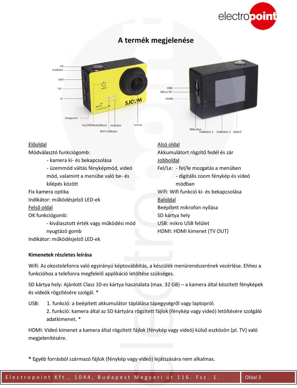 fel/le mozgatás a menüben - digitális zoom fénykép és videó módban Wifi: Wifi funkció ki- és bekapcsolása Baloldal Beépített mikrofon nyílása SD kártya hely USB: mikro USB felület HDMI: HDMI kimenet