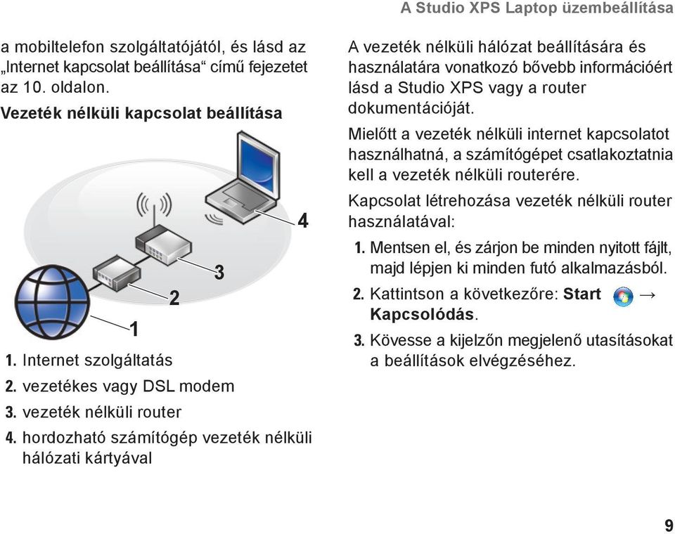 hordozható számítógép vezeték nélküli hálózati kártyával 3 4 A vezeték nélküli hálózat beállítására és használatára vonatkozó bővebb információért lásd a Studio XPS vagy a router dokumentációját.