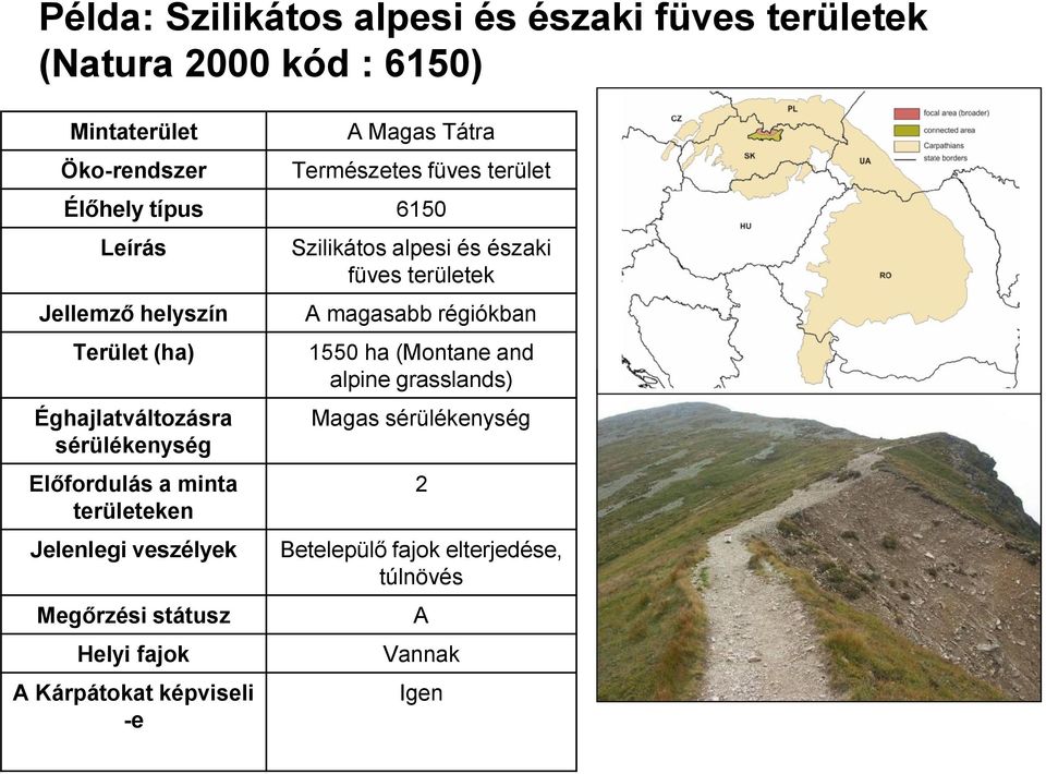 területeken Jelenlegi veszélyek Megőrzési státusz Helyi fajok A Kárpátokat képviseli -e Szilikátos alpesi és északi füves