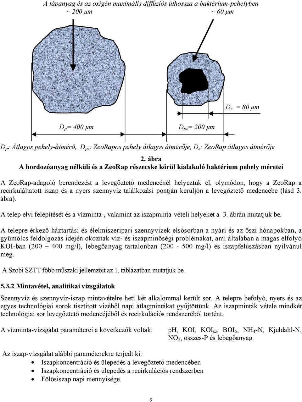 ábra A hordozóanyag nélküli és a ZeoRap részecske körül kialakuló baktérium pehely méretei A ZeoRap-adagoló berendezést a levegőztető medencénél helyeztük el, olymódon, hogy a ZeoRap a