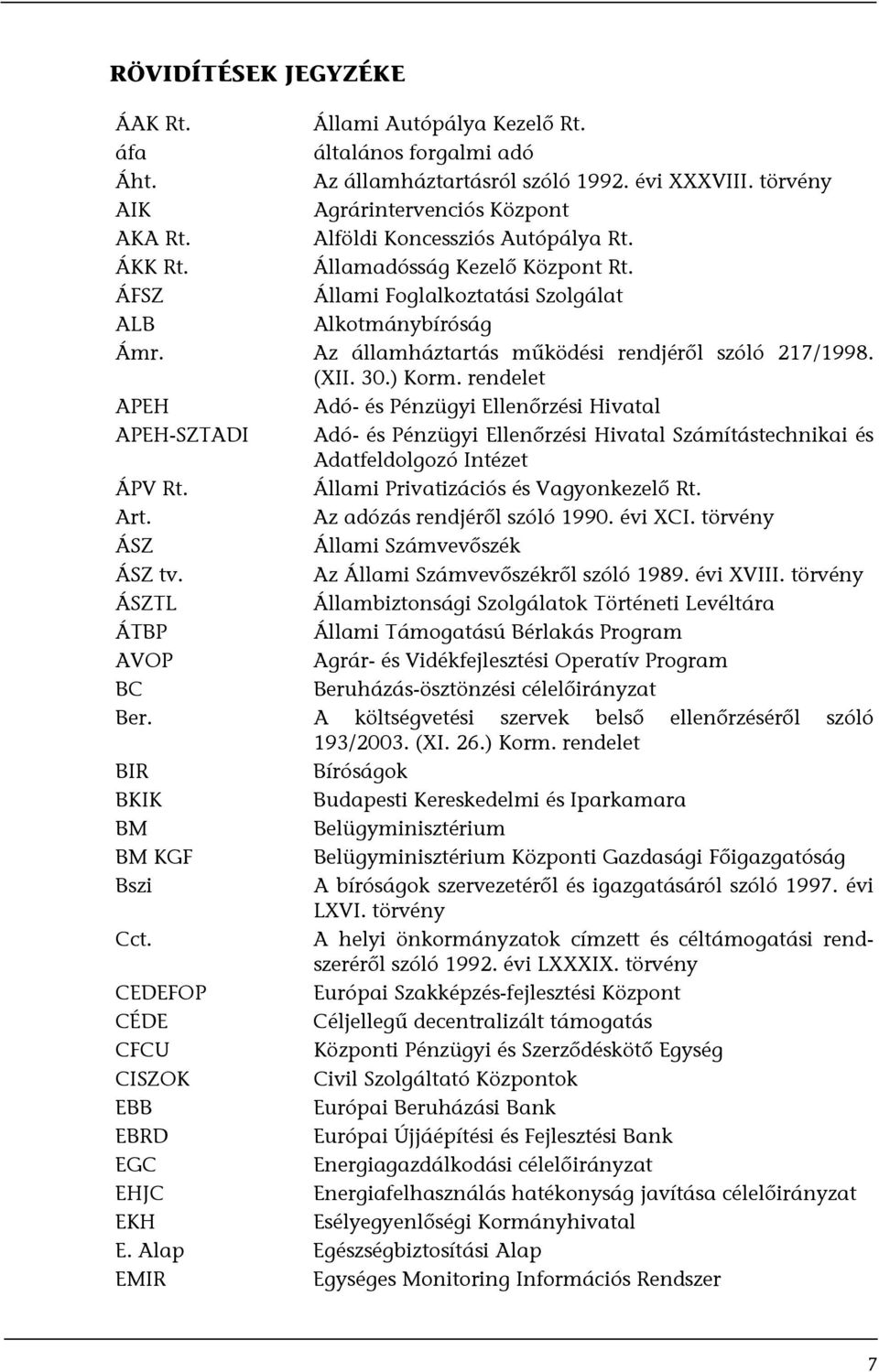 ) Korm. rendelet APEH Adó- és Pénzügyi Ellenőrzési Hivatal APEH-SZTADI Adó- és Pénzügyi Ellenőrzési Hivatal Számítástechnikai és Adatfeldolgozó Intézet ÁPV Rt. Állami Privatizációs és Vagyonkezelő Rt.