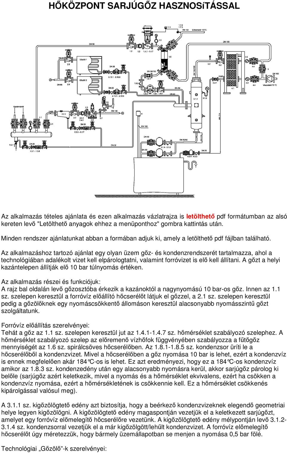 Az alkalmazáshoz tartozó ajánlat egy olyan üzem gz- és kondenzrendszerét tartalmazza, ahol a technológiában adalékolt vizet kell elpárologtatni, valamint forróvizet is el kell állítani.