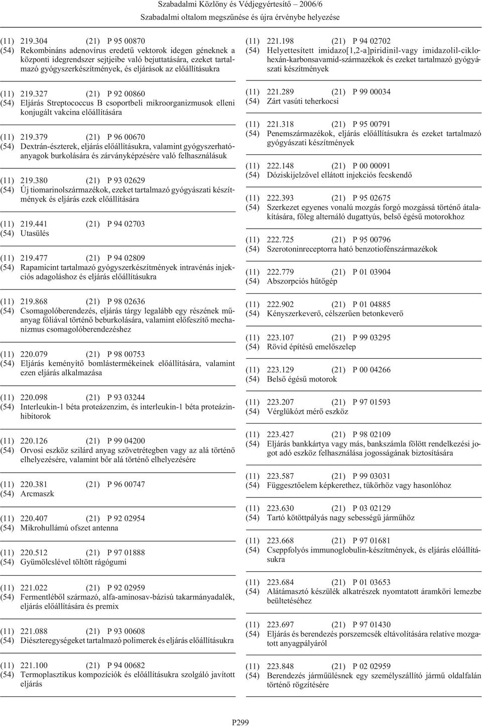 00860 (54) Eljárás Streptococcus B csoportbeli mikroorganizmusok elleni konjugált vakcina 379 (21) P 96 00670 (54) Dextrán-észterek, eljárás elõállításukra, valamint gyógyszerhatóanyagok burkolására