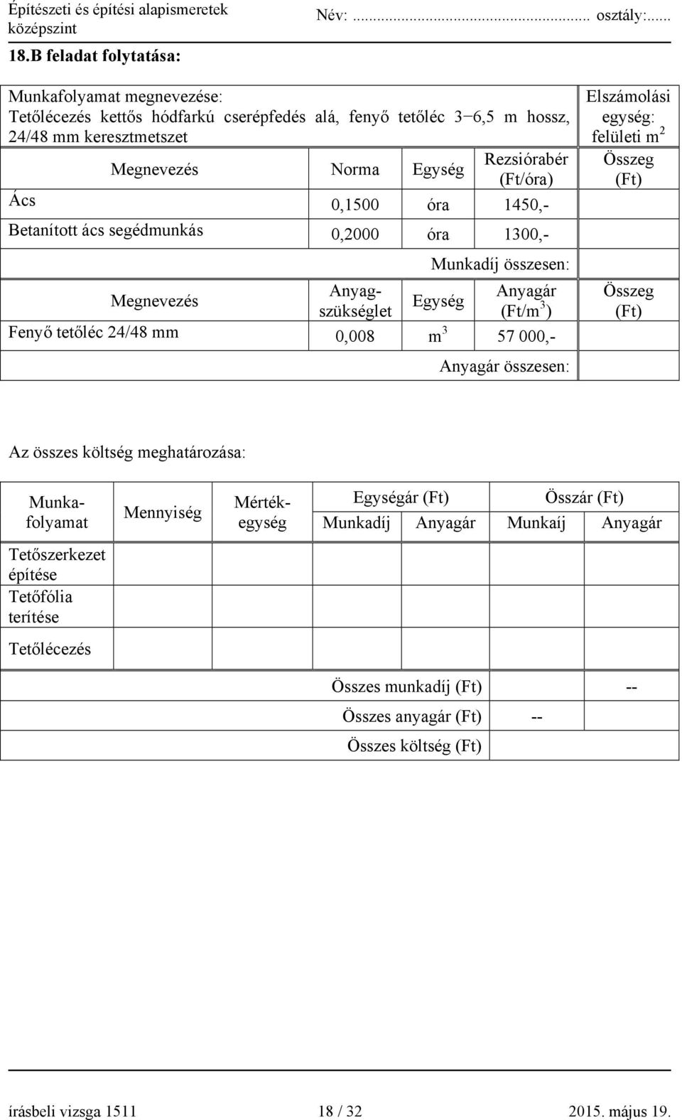 Egység Fenyő tetőléc 24/48 mm 0,008 m 3 57 000,- Összeg (Ft) Anyagár összesen: Az összes költség meghatározása: Mennyiség Munkafolyamat Mértékegység Egységár (Ft) Összár (Ft) Munkadíj