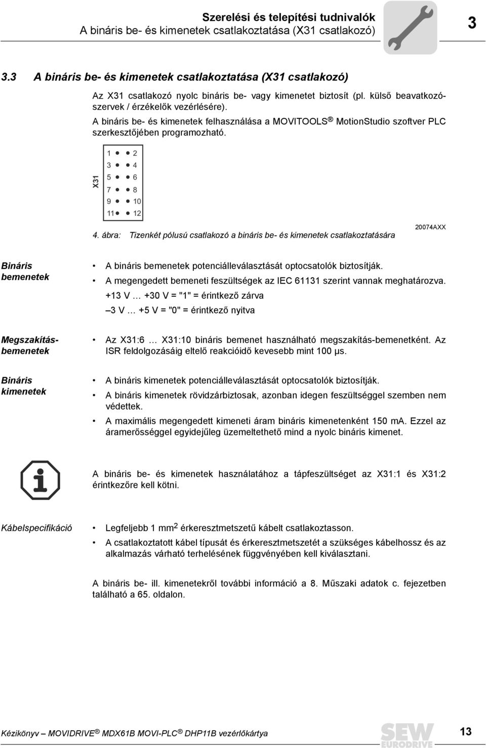 A bináris be- és kimenetek felhasználása a MOVITOOLS MotionStudio szoftver PLC szerkesztőjében programozható. X31 1 3 5 7 9 11 2 4 6 8 1 12 4.