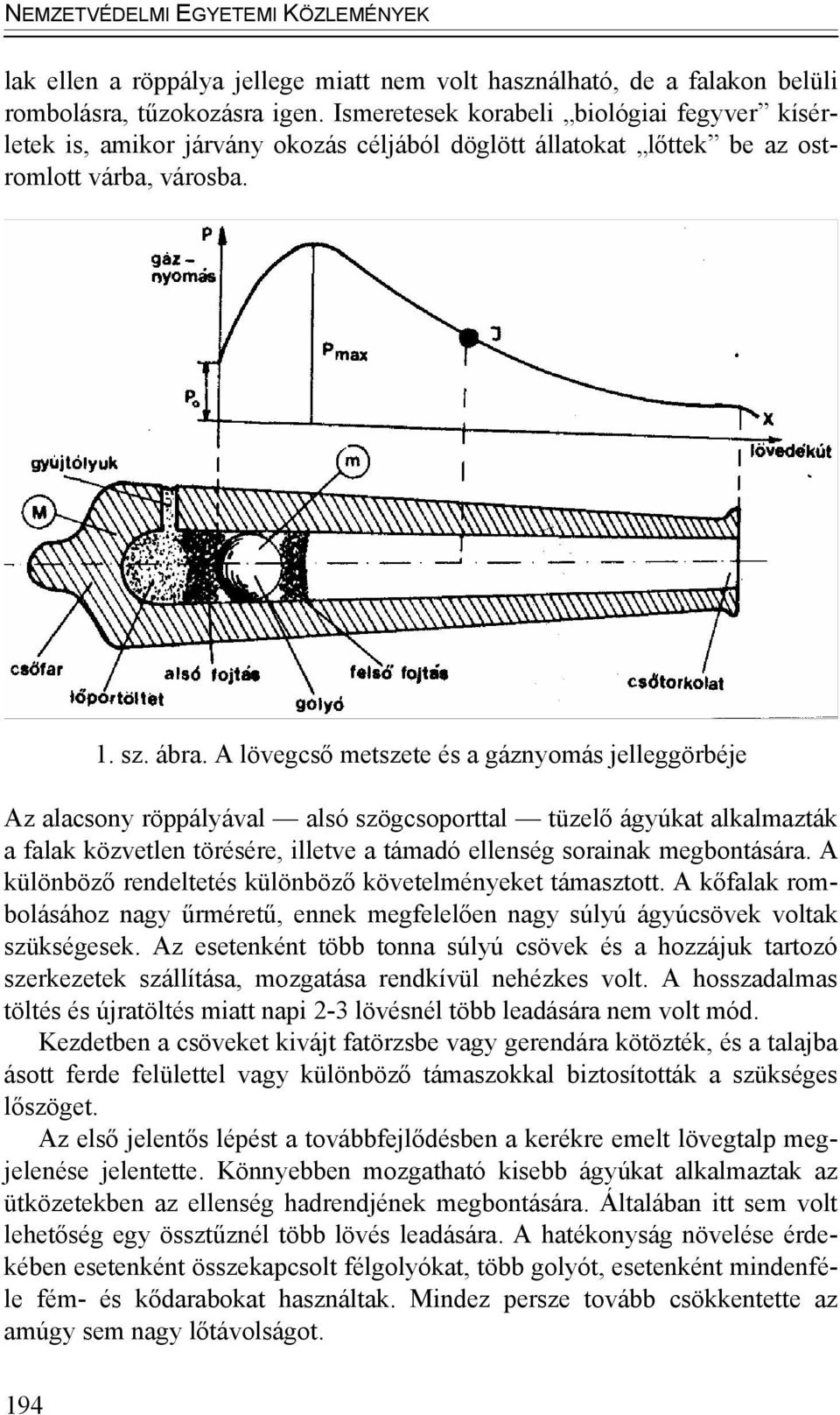 A lövegcső metszete és a gáznyomás jelleggörbéje Az alacsony röppályával alsó szögcsoporttal tüzelő ágyúkat alkalmazták a falak közvetlen törésére, illetve a támadó ellenség sorainak megbontására.