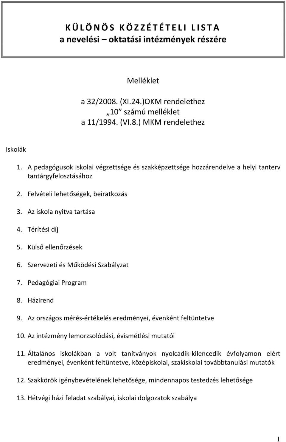 Külső ellenőrzések 6. Szervezeti és Működési Szabályzat 7. Pedagógiai Program 8. Házirend 9. Az országos mérés-értékelés eredményei, évenként feltüntetve 10.