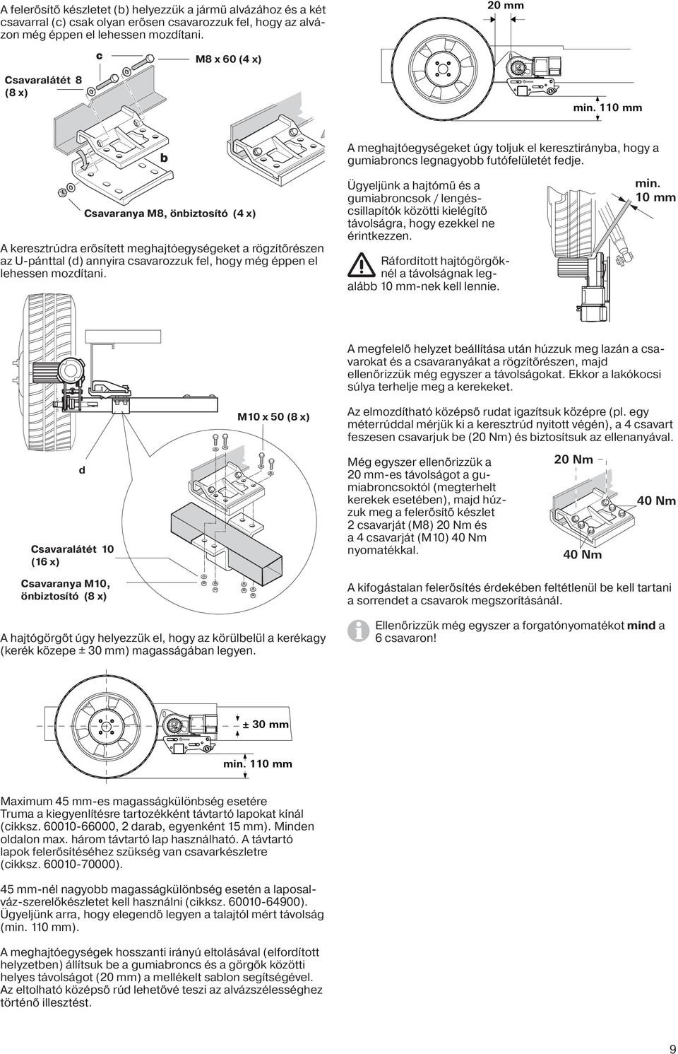 110 mm b Csavaranya M8, önbiztosító (4 x) A keresztrúdra erősített meghajtóegységeket a rögzítőrészen az U-pánttal (d) annyira csavarozzuk fel, hogy még éppen el lehessen mozdítani.