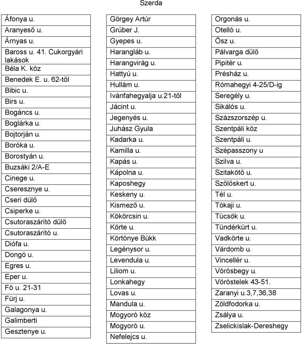 Gyepes u. Harangláb u. Harangvirág u. Hattyú u. Hullám u. Ivánfahegyalja u.21-től Jácint u. Jegenyés u. Juhász Gyula Kadarka u. Kamilla u. Kapás u. Kápolna u. Kaposhegy Keskeny u. Kismező u.