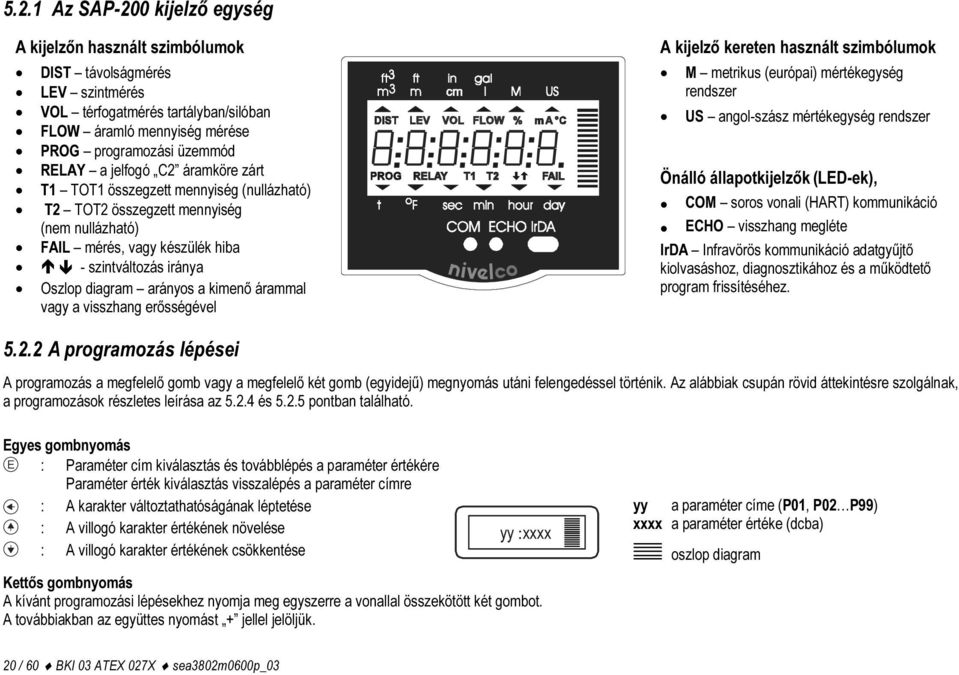 árammal vagy a visszhang erősségével A kijelző kereten használt szimbólumok M metrikus (európai) mértékegység rendszer US angol-szász mértékegység rendszer Önálló állapotkijelzők (LED-ek), COM soros