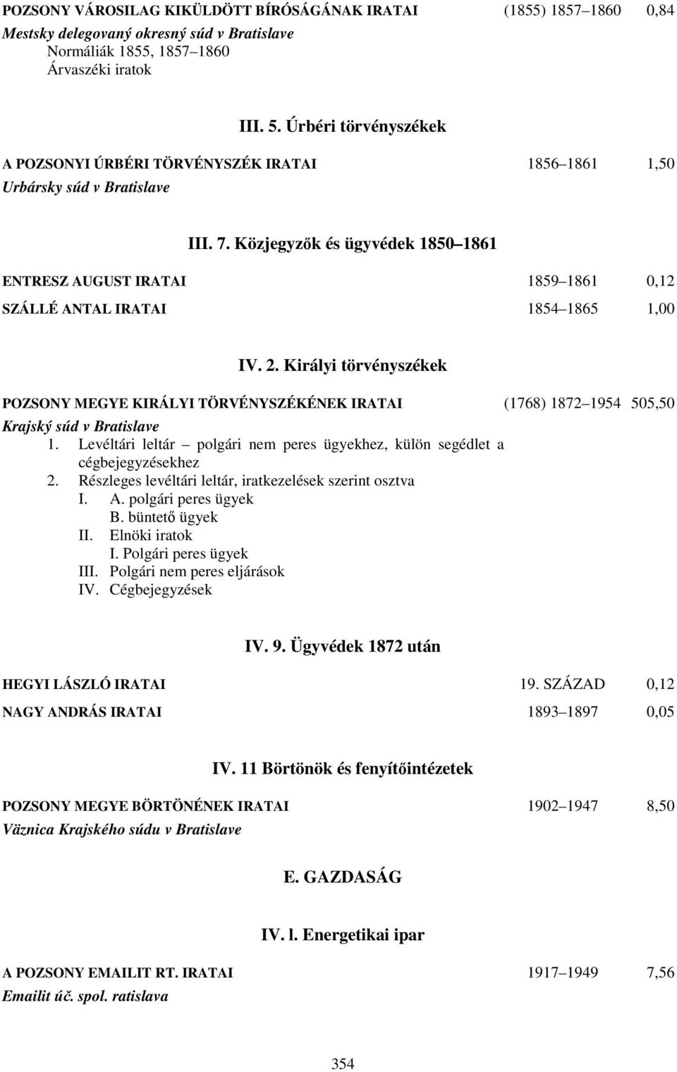 Közjegyzők és ügyvédek 1850 1861 ENTRESZ AUGUST IRATAI 1859 1861 0,12 SZÁLLÉ ANTAL IRATAI 1854 1865 1,00 IV. 2.