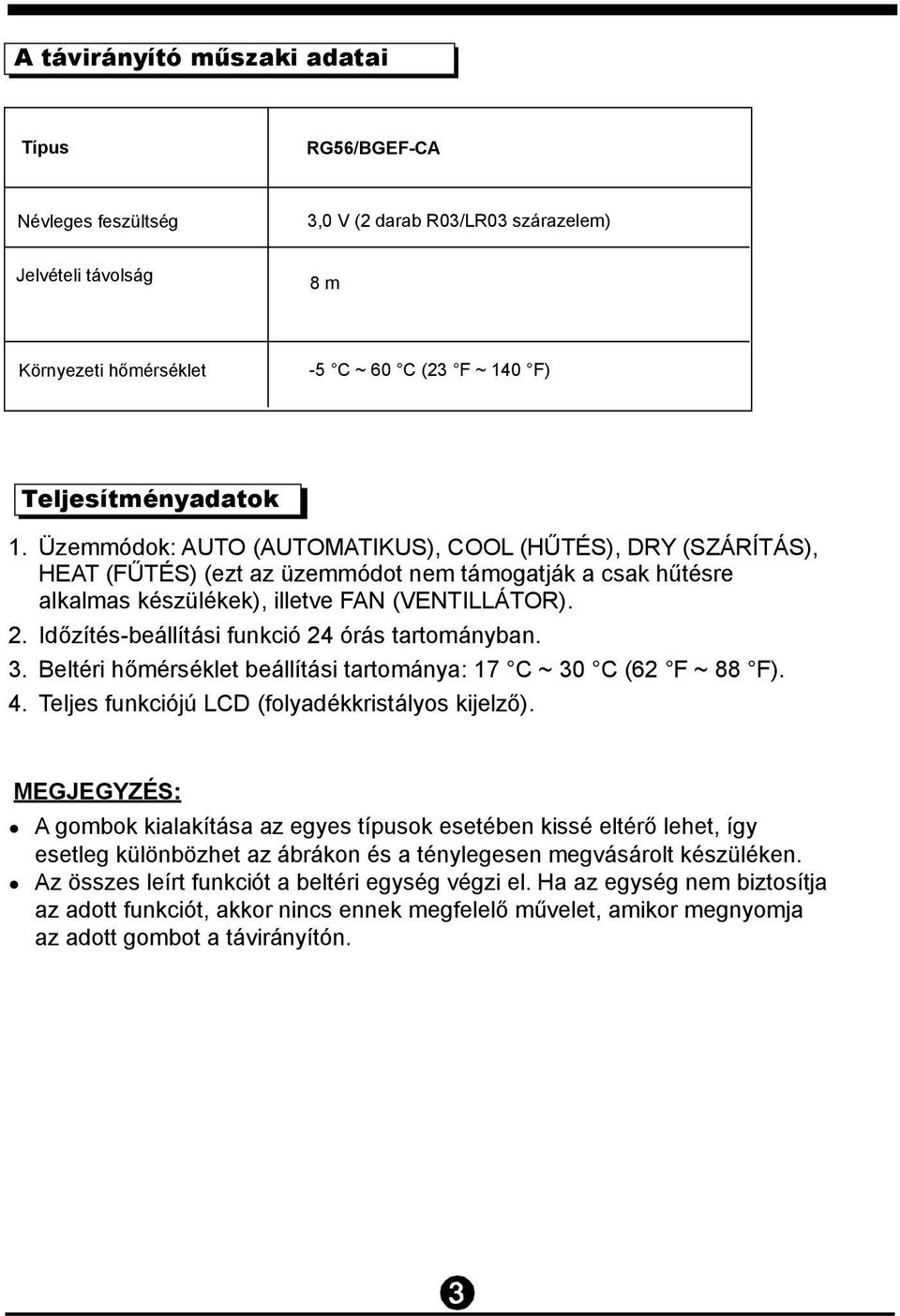 Időzítés-beállítási funkció 24 órás tartományban. 3. Beltéri hőmérséklet beállítási tartománya: 17 C ~ 30 C (62 F ~ 88 F). 4. Teljes funkciójú LCD (folyadékkristályos kijelző).