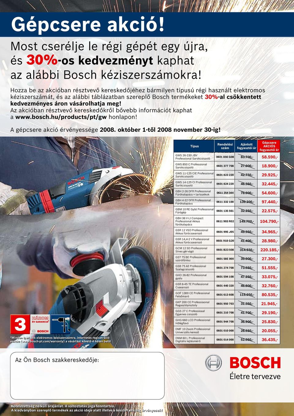 vásárolhatja meg! Az akcióban résztvevő kereskedőkről bővebb információt kaphat a www.bosch.hu/products/pt/gw honlapon! A gépcsere akció érvényessége 2008. október 1-től 2008 november 30-ig!