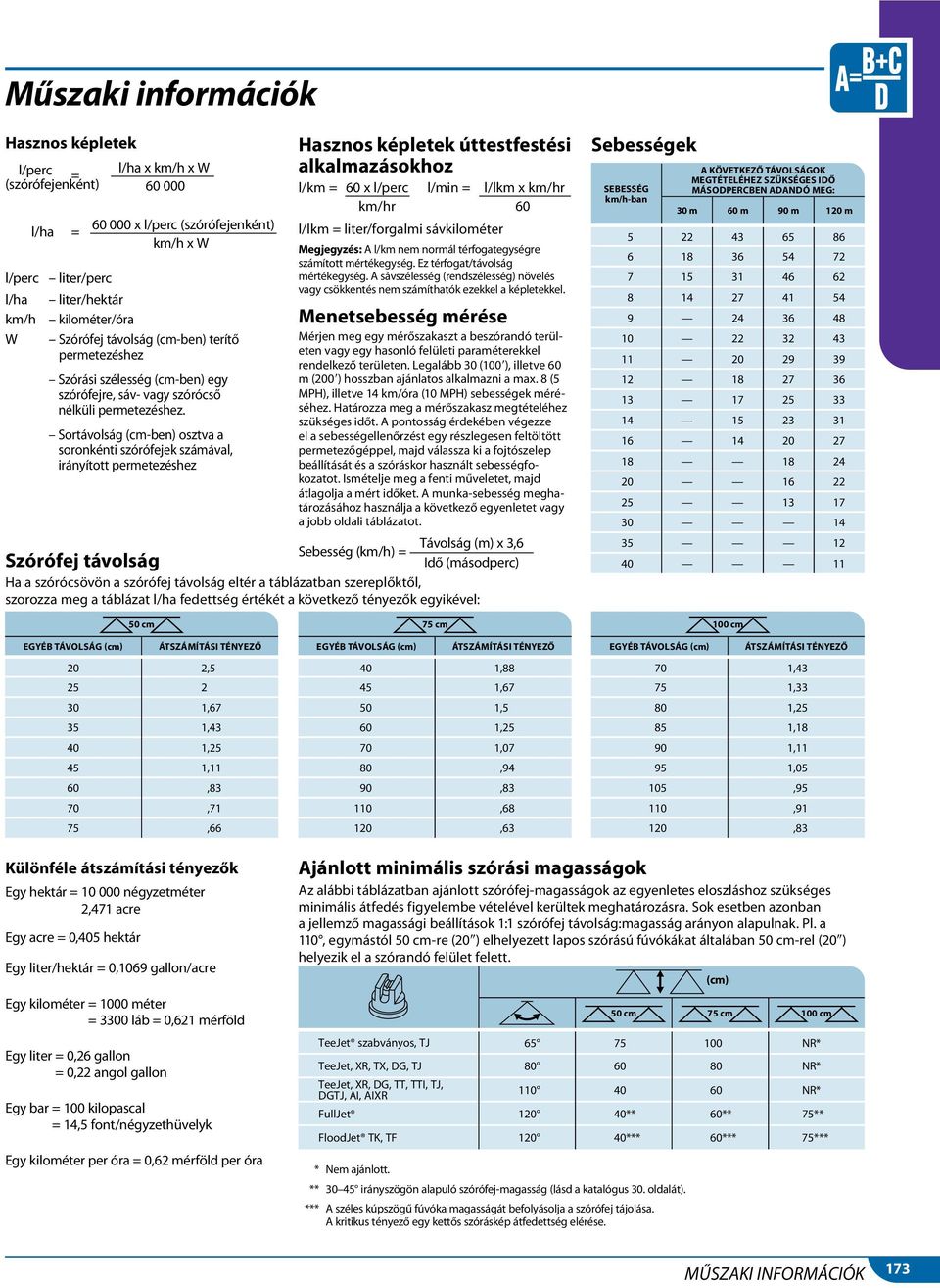 Sortávolság (cm-ben) osztva a soronkénti szórófejek számával, irányított permetezéshez Hasznos képletek úttestfestési alkalmazásokhoz l/km = 60 x l/perc l/min = l/lkm x km/hr km/hr 60 l/lkm =