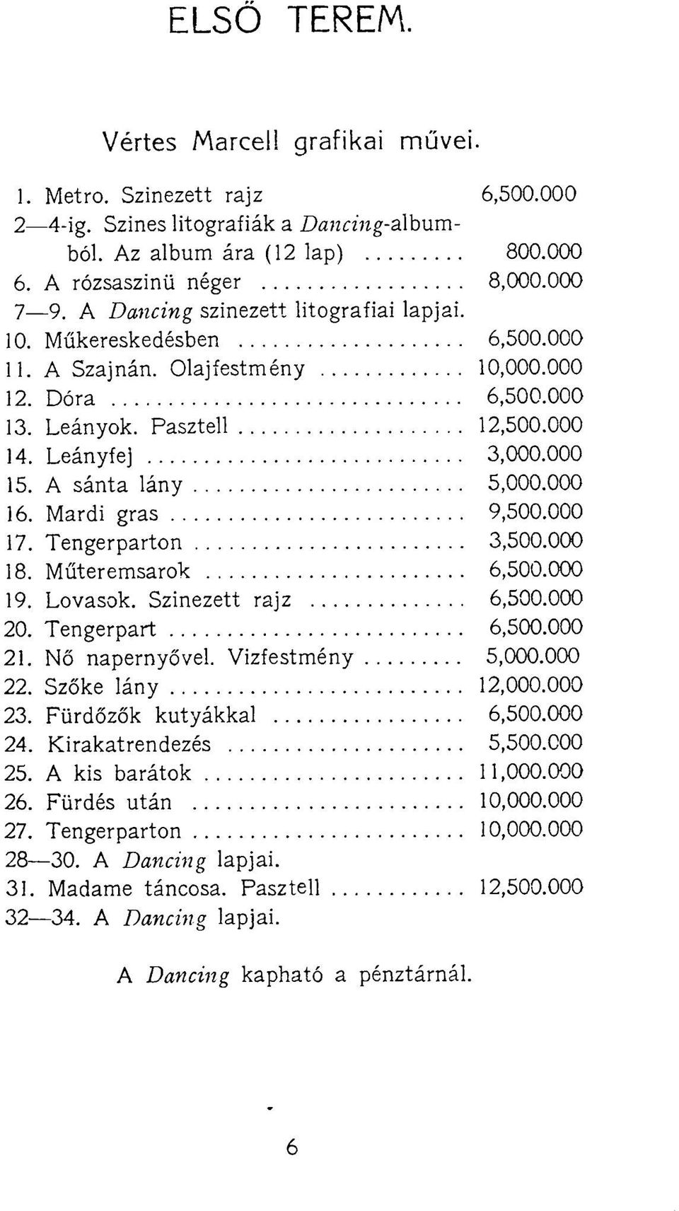 A sánta lány 5,000.000 16. Mardi gras 9,500.000 17. Tengerparton 3,500.000 18. Műteremsarok 6,500.000 19. Lovasok. Színezett rajz 6,500.000 20. Tengerpart 6,500.000 21. Nő napernyővel.