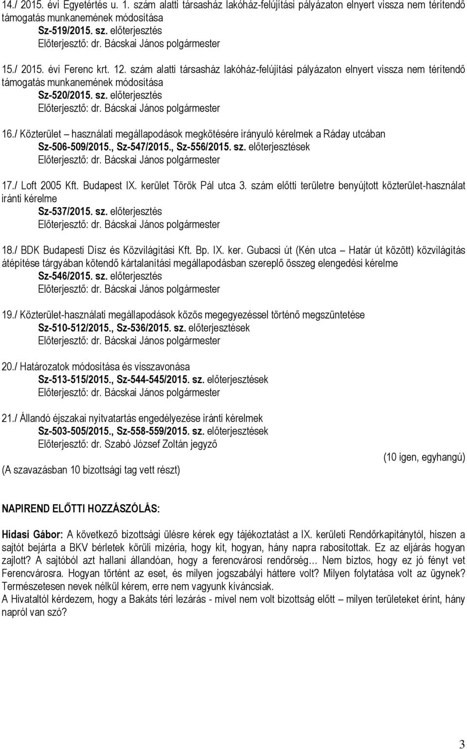 / Közterület használati megállapodások megkötésére irányuló kérelmek a Ráday utcában Sz-506-509/2015., Sz-547/2015., Sz-556/2015. sz. előterjesztések 17./ Loft 2005 Kft. Budapest IX.