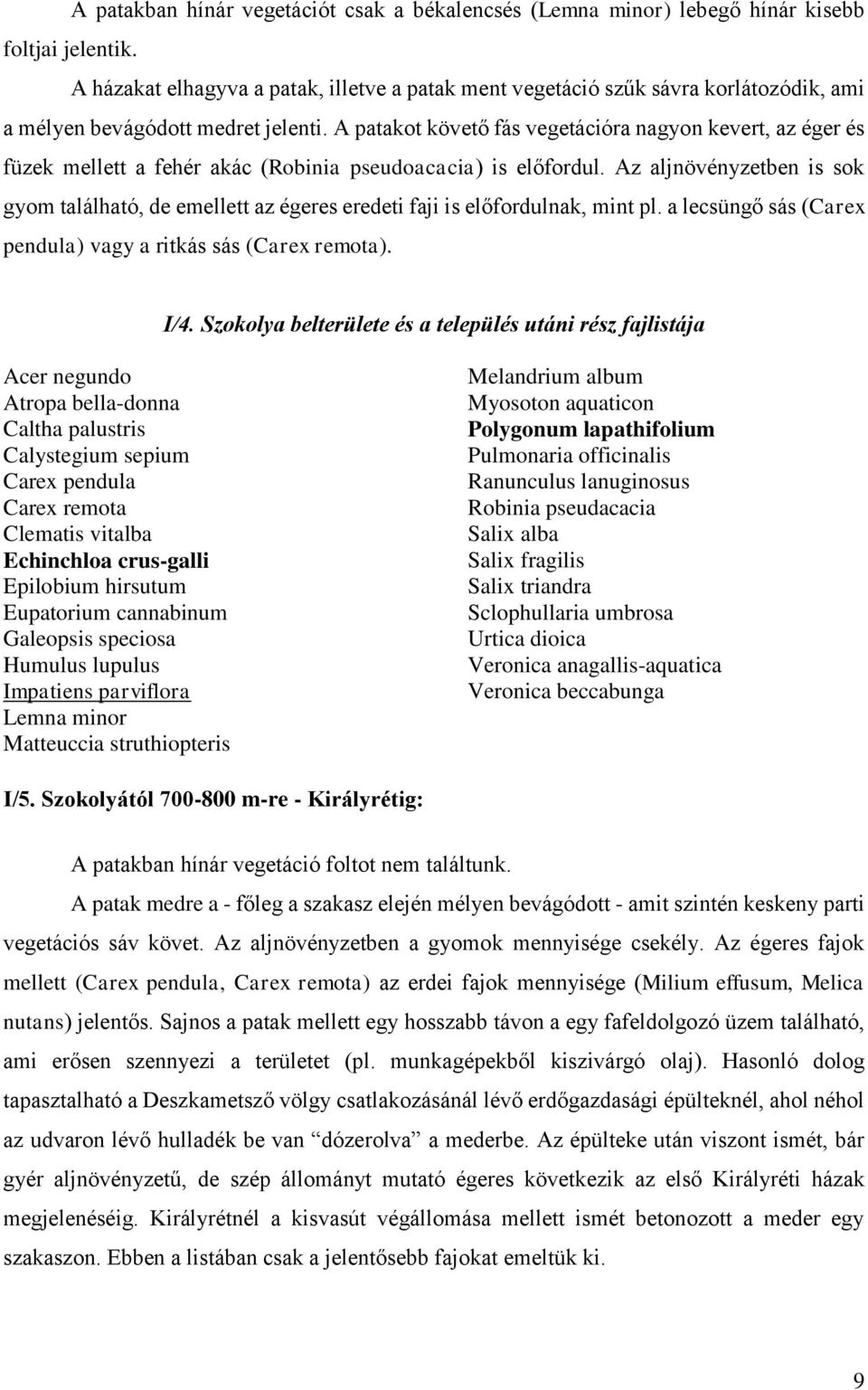 A patakot követő fás vegetációra nagyon kevert, az éger és füzek mellett a fehér akác (Robinia pseudoacacia) is előfordul.