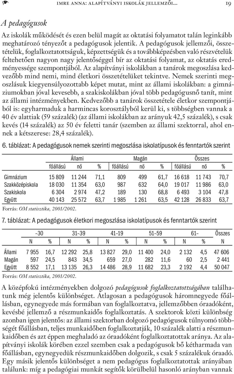 eredményessége szempontjából. Az alapítványi iskolákban a tanárok megoszlása kedvezőbb mind nemi, mind életkori összetételüket tekintve.