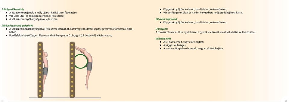 hengerszerű tárggyal (pl. body-roll) alátámasztva; n Függések nyújtón, korláton, bordásfalon, mászókötélen; n Vándorfüggések oldal és haránt helyzetben, nyújtott és hajlított karral.