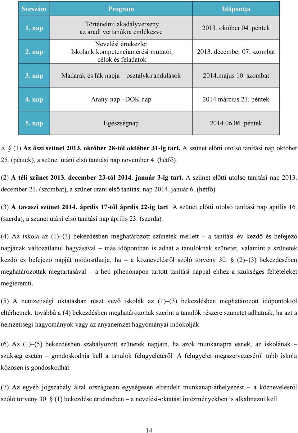 október 28-tól október 31-ig tart. A szünet előtti utolsó tanítási nap október 25. (péntek), a szünet utáni első tanítási nap november 4. (hétfő). (2) A téli szünet 2013. december 23-tól 2014.