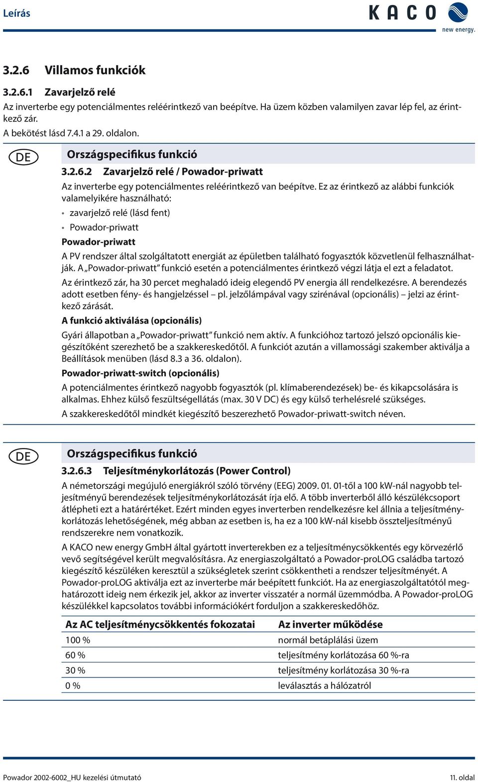 Ez az érintkező az alábbi funkciók valamelyikére használható: zavarjelző relé (lásd fent) Powador-priwatt Powador-priwatt A PV rendszer által szolgáltatott energiát az épületben található fogyasztók