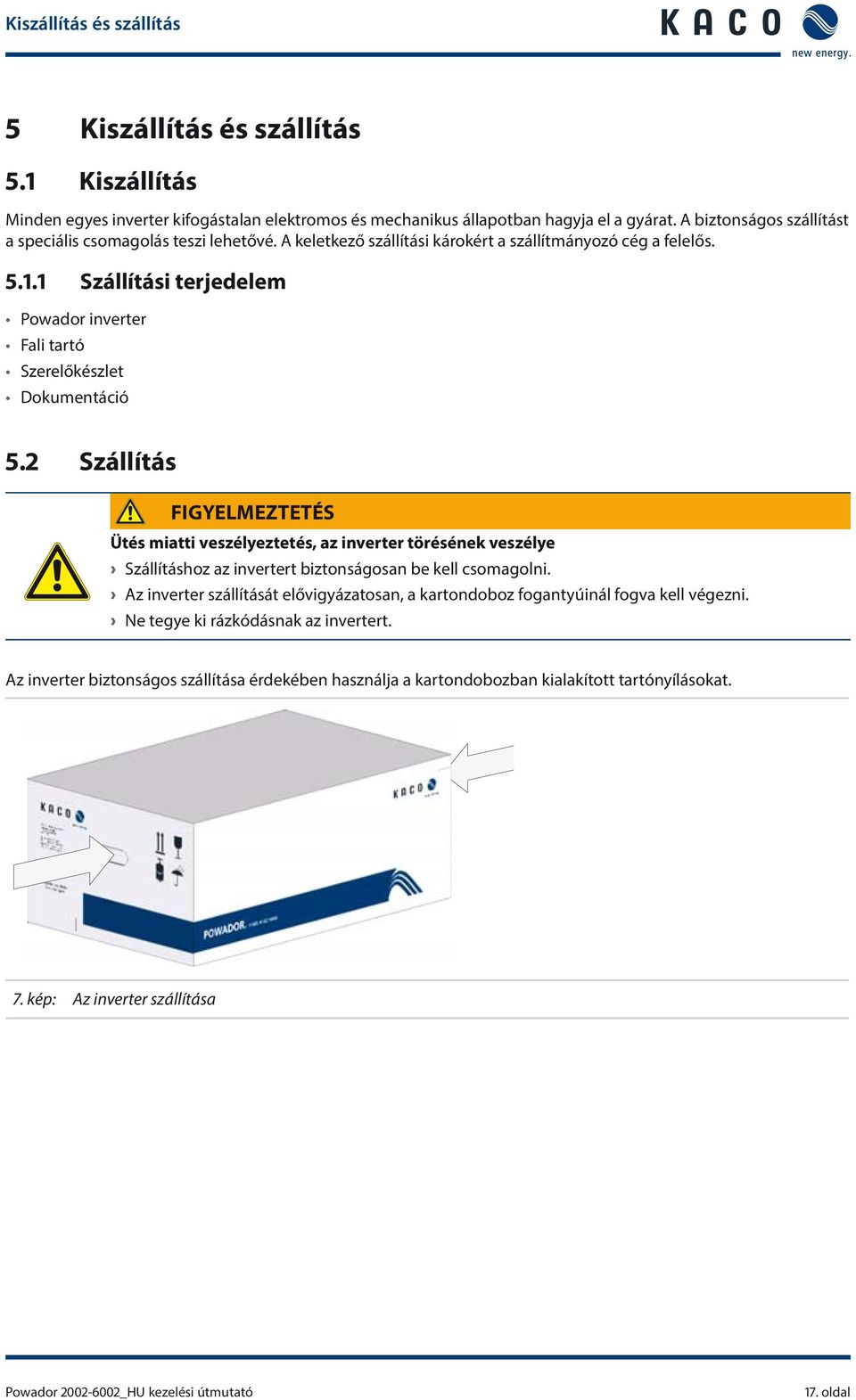 1 Szállítási terjedelem Powador inverter Fali tartó Szerelőkészlet Dokumentáció 5.