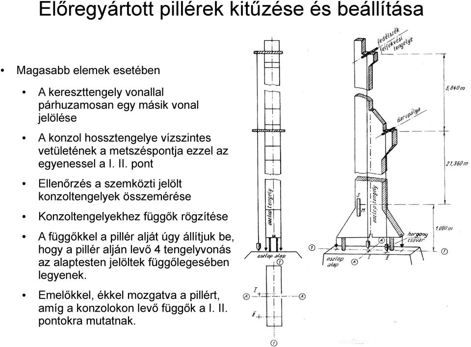 pont Ellenőrzés a szemközti jelölt konzoltengelyek összemérése Konzoltengelyekhez függők rögzítése A függőkkel a pillér alját úgy