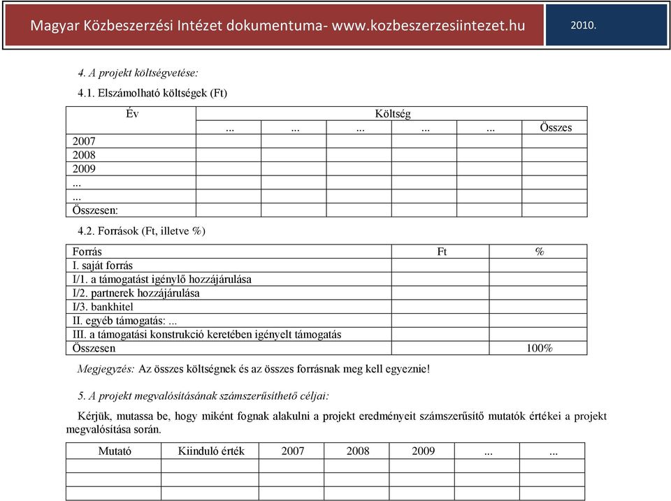 a támogatási konstrukció keretében igényelt támogatás Összesen 100% Megjegyzés: Az összes költségnek és az összes forrásnak meg kell egyeznie! 5.