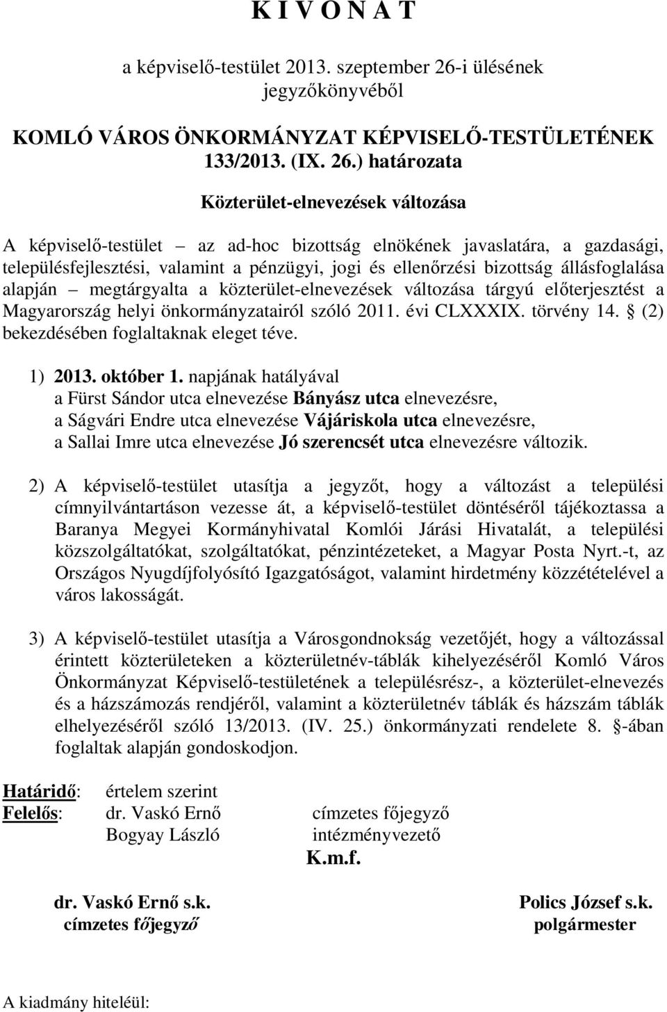 ) határozata Közterület-elnevezések változása A képviselő-testület az ad-hoc bizottság elnökének javaslatára, a gazdasági, településfejlesztési, valamint a pénzügyi, jogi és ellenőrzési bizottság