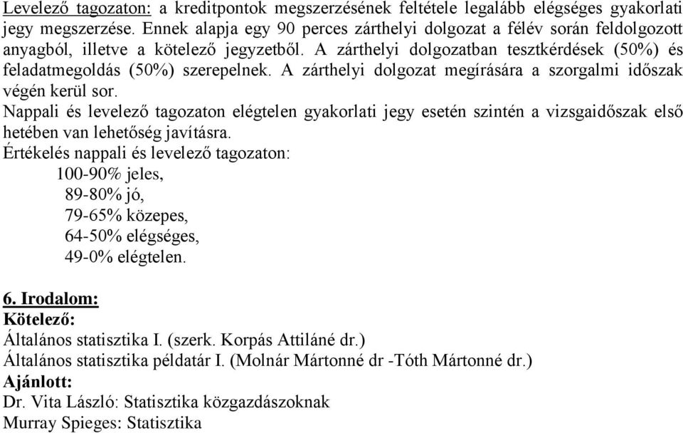 A zárthelyi dolgozat megírására a szorgalmi időszak végén kerül sor. Nappali és levelező tagozaton elégtelen gyakorlati jegy esetén szintén a vizsgaidőszak első hetében van lehetőség javításra.