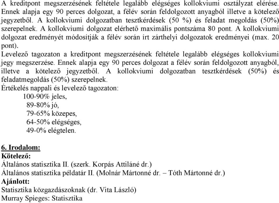 A kollokviumi dolgozat eredményét módosítják a félév során írt zárthelyi dolgozatok eredményei (max. 20 pont).