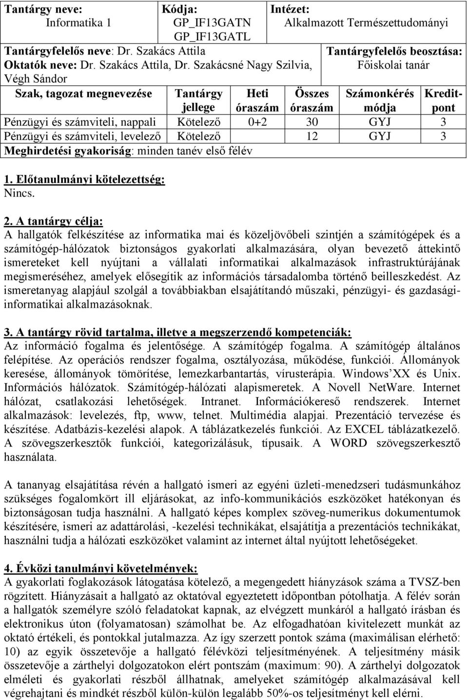 0+2 30 GYJ 3 Pénzügyi és számviteli, levelező Kötelező 12 GYJ 3 Meghirdetési gyakoriság: minden tanév első félév Nincs.