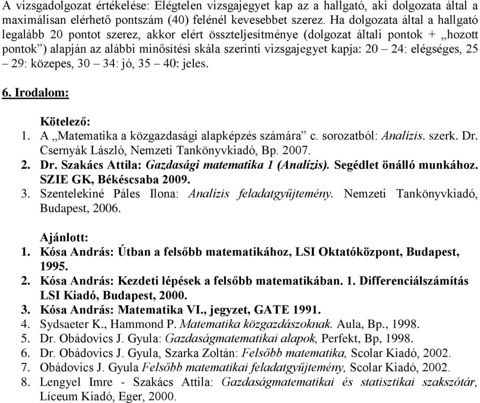 elégséges, 25 29: közepes, 30 34: jó, 35 40: jeles. 6. Irodalom: 1. A Matematika a közgazdasági alapképzés számára c. sorozatból: Analízis. szerk. Dr. Csernyák László, Nemzeti Tankönyvkiadó, Bp. 2007.