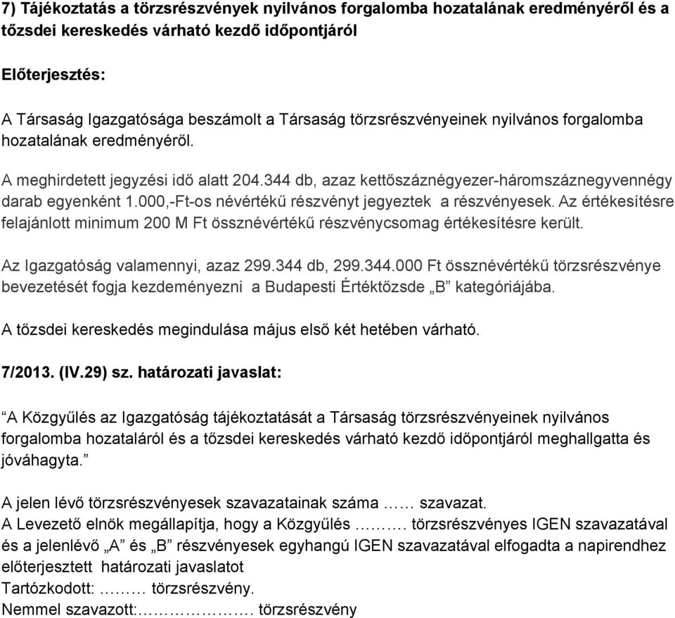 000, Ft os névértékű részvényt jegyeztek a részvényesek. Az értékesítésre felajánlott minimum 200 M Ft össznévértékű részvénycsomag értékesítésre került. Az Igazgatóság valamennyi, azaz 299.