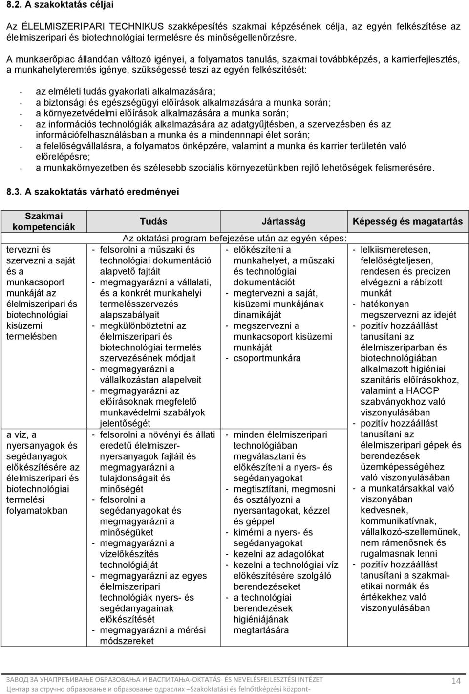 gyakorlati alkalmazására; - a biztonsági és egészségügyi előírások alkalmazására a munka során; - a környezetvédelmi előírások alkalmazására a munka során; - az információs technológiák alkalmazására