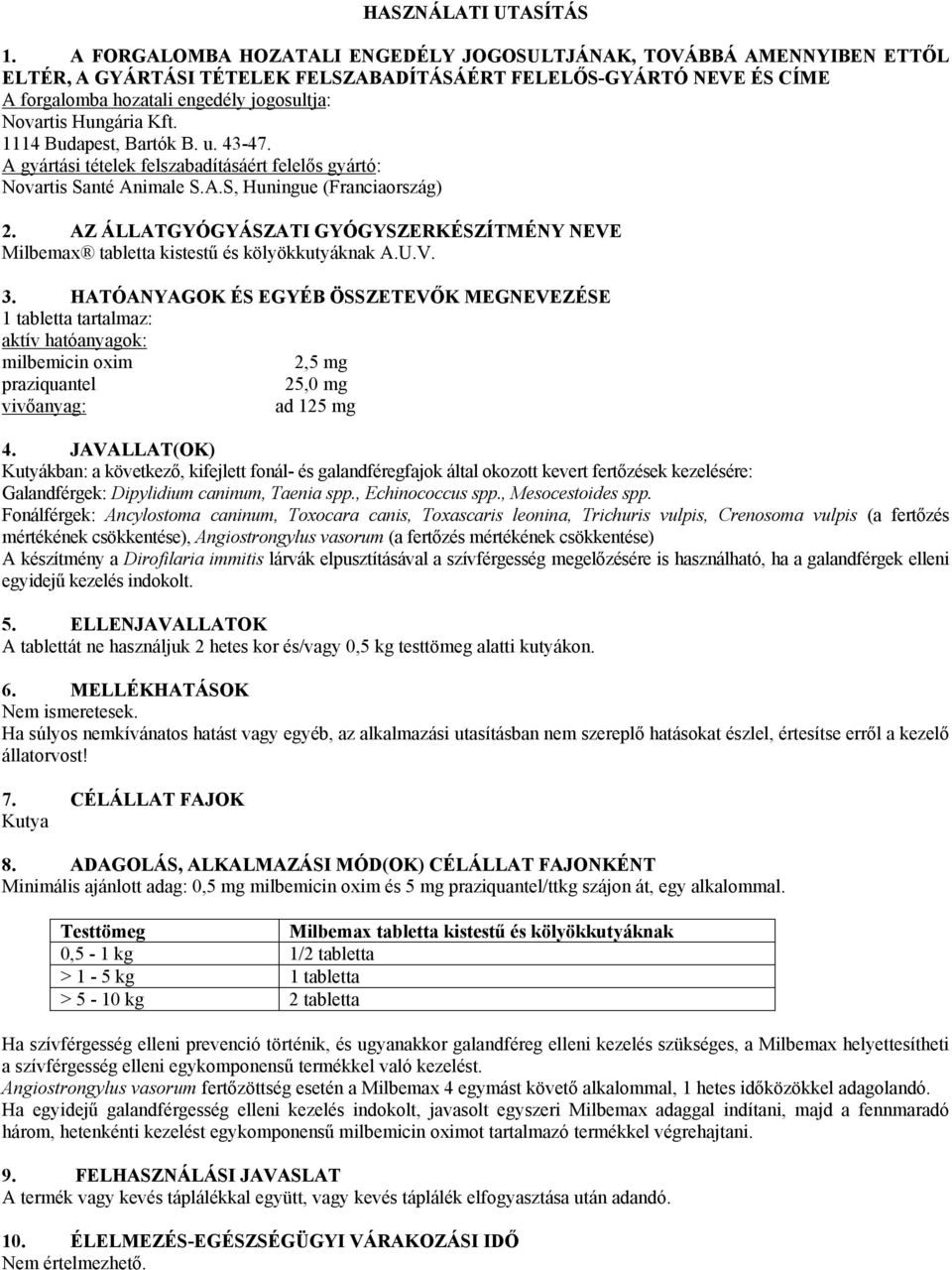 Hungária Kft. 1114 Budapest, Bartók B. u. 43-47. A gyártási tételek felszabadításáért felelős gyártó: Novartis Santé Animale S.A.S, Huningue (Franciaország) 2.