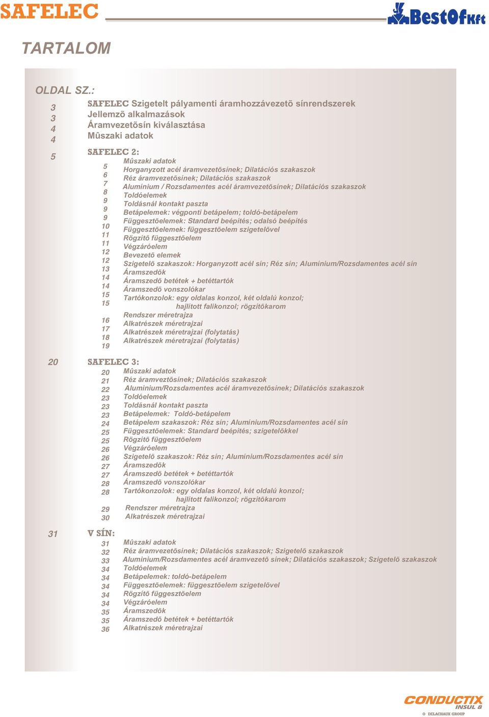 17 18 19 SAFELEC 3: 20 21 22 23 23 23 24 25 25 26 26 27 27 28 28 29 30 V SÍN: 31 32 33 34 34 34 34 34 35 35 36 Mûszaki adatok Horganyzott acél áramvezetõsínek; Dilatációs szakaszok Réz