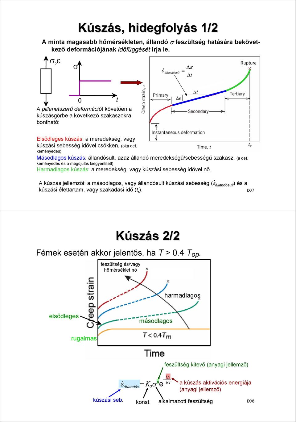 keményedés) Másodlagos kúszás: állandósult, azaz állandó meredekségű/sebességű szakasz. (a def.