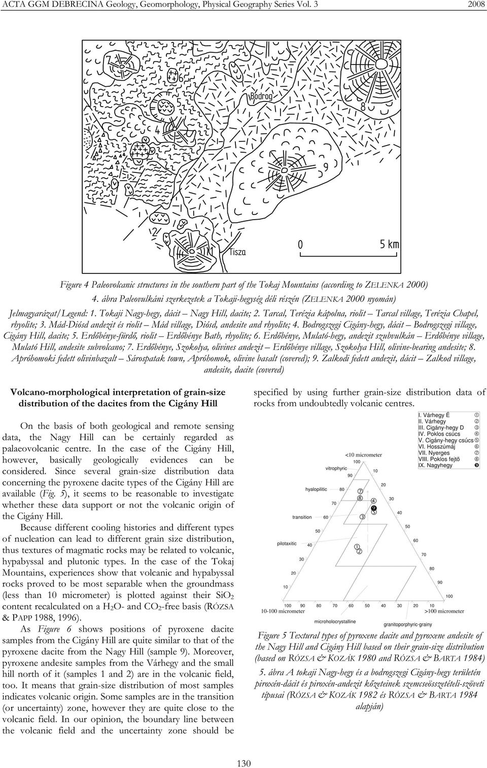 ábra Paleovulkáni szerkezetek a Tokaji-hegység déli részén (ZELENKA 2000 nyomán) Jelmagyarázat/Legend:. Tokaji Nagy-hegy, dácit Nagy Hill, dacite; 2.