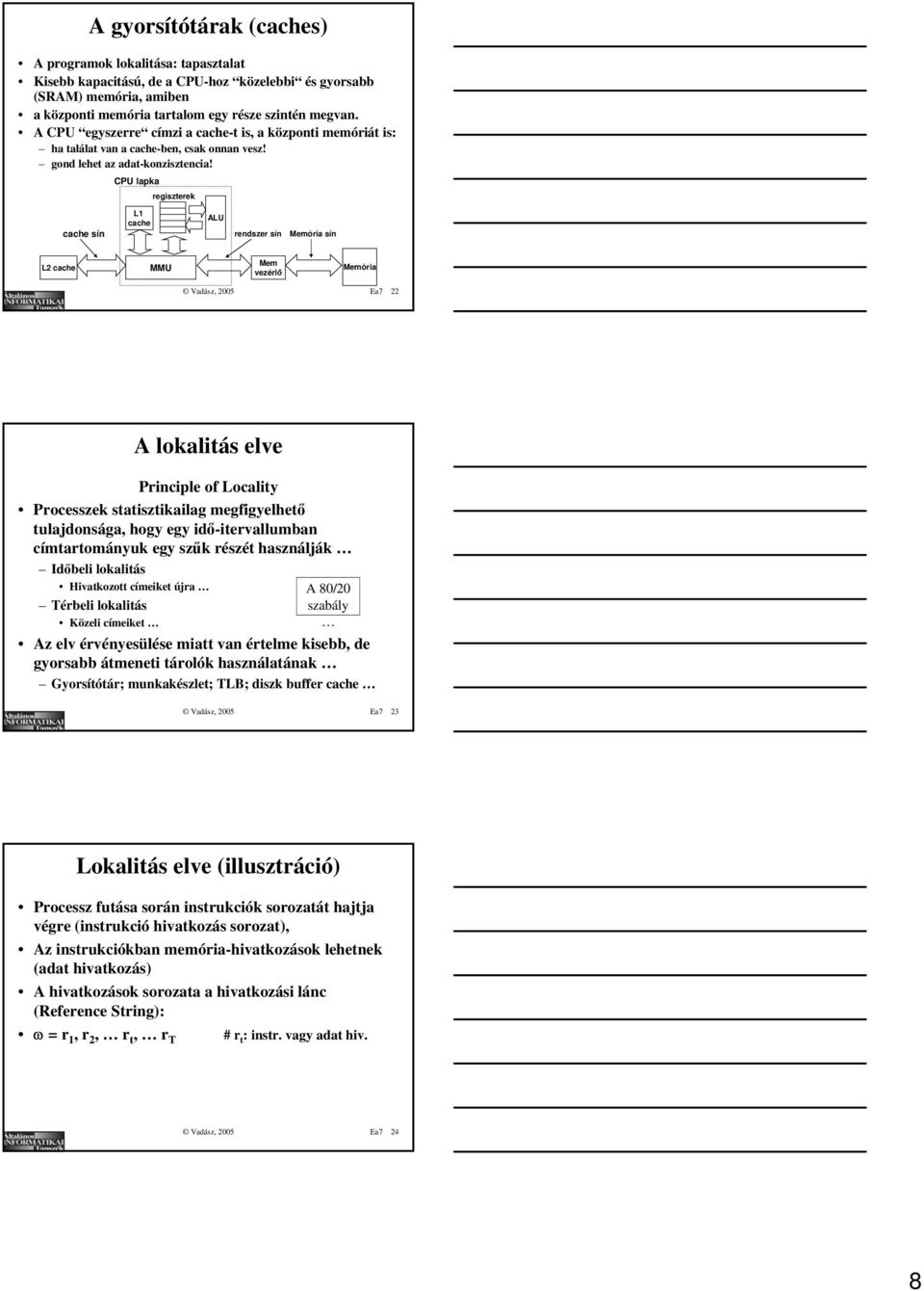 CPU lapka regiszterek L1 ALU cache cache sín rendszer sín Memória sín L2 cache MMU Mem vezérlő Memória Vadász, 2005 Ea7 22 A lokalitás elve Principle of Locality Processzek statisztikailag