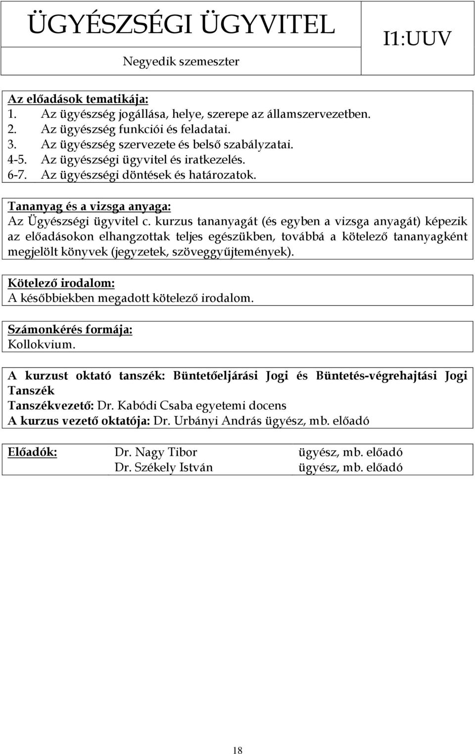 kurzus tananyagát (és egyben a vizsga anyagát) képezik az előadásokon elhangzottak teljes egészükben, továbbá a kötelező tananyagként megjelölt könyvek (jegyzetek, szöveggyűjtemények).