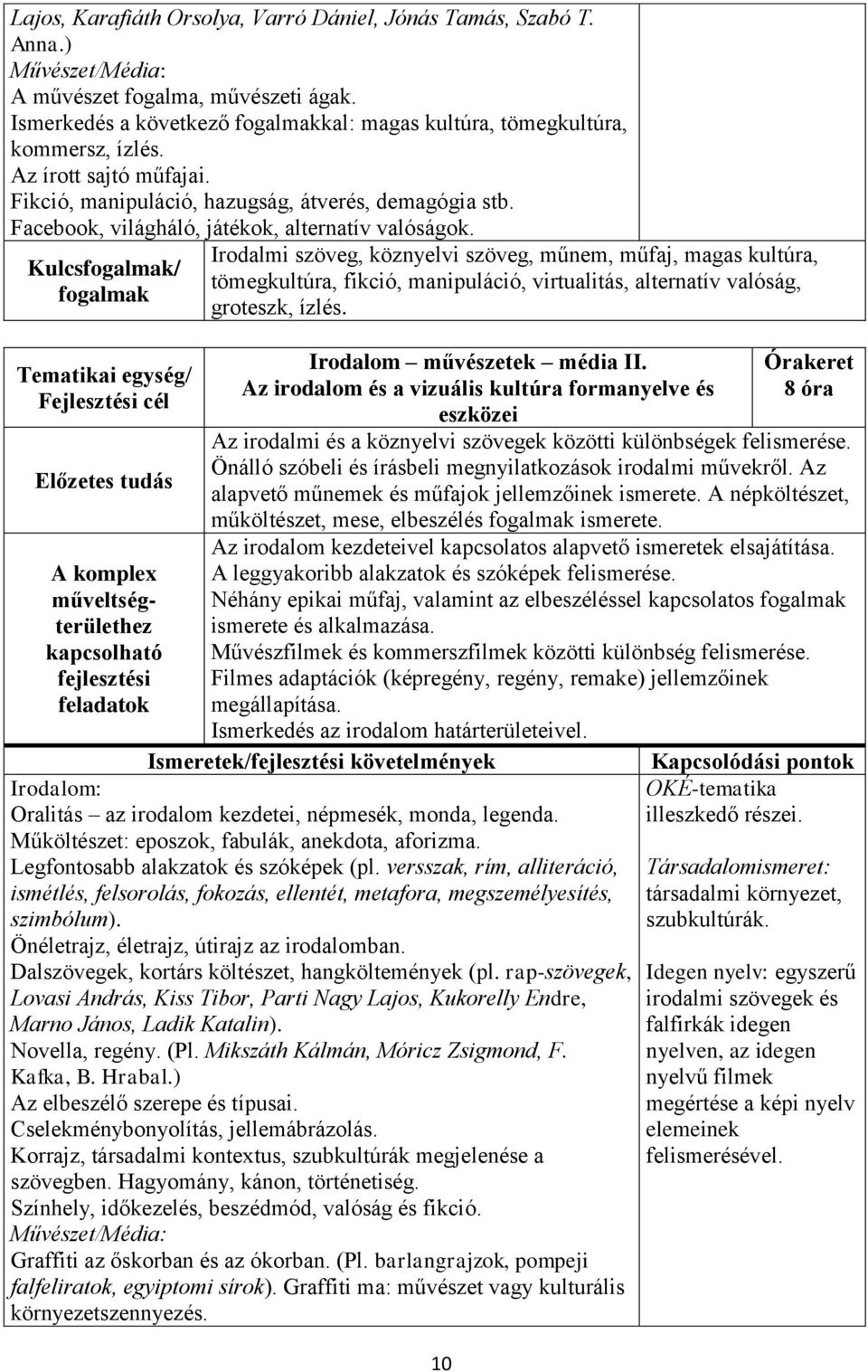 Kulcs/ Tematikai egység/ Irodalmi szöveg, köznyelvi szöveg, műnem, műfaj, magas kultúra, tömegkultúra, fikció, manipuláció, virtualitás, alternatív valóság, groteszk, ízlés.