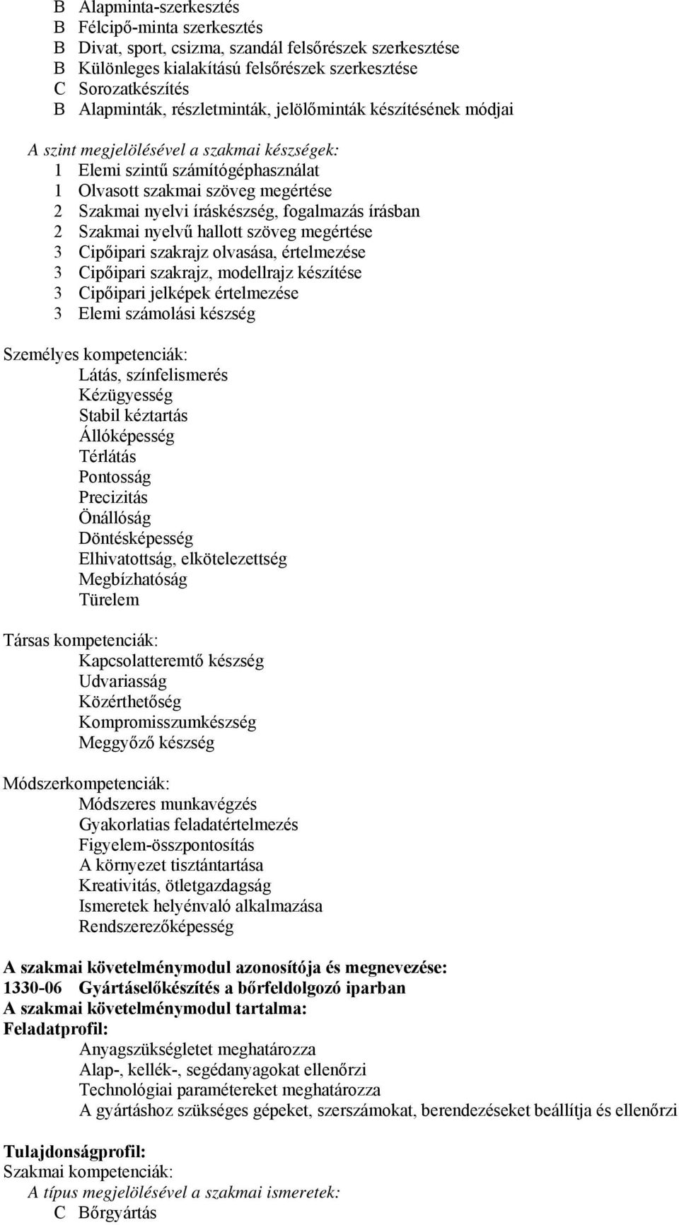 fogalmazás írásban 2 Szakmai nyelvű hallott szöveg megértése 3 Cipőipari szakrajz olvasása, értelmezése 3 Cipőipari szakrajz, modellrajz készítése 3 Cipőipari jelképek értelmezése 3 Elemi számolási