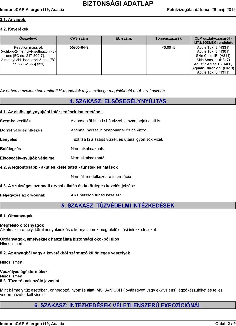 1 (H317) Aquatic Acute 1 (H400) Aquatic Chronic 1 (H410) Acute Tox. 3 (H311) Az ebben a szakaszban említett H-mondatok teljes szövege megtalálható a 16. szakaszban. 4.1. Az elsõsegélynyújtási intézkedések ismertetése 4.