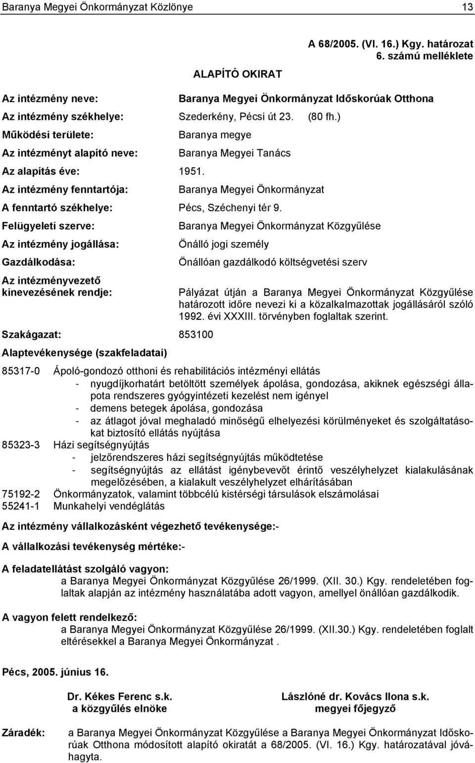 ) Működési területe: Baranya megye Az intézményt alapító neve: Baranya Megyei Tanács Az alapítás éve: 1951.