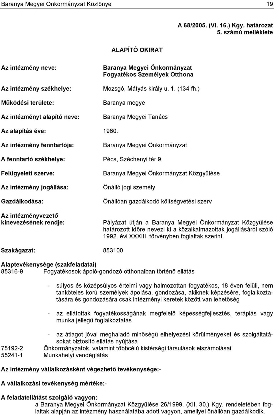 király u. 1. (134 fh.) Baranya megye Baranya Megyei Tanács Az alapítás éve: 1960. Az intézmény fenntartója: Baranya Megyei Önkormányzat A fenntartó székhelye: Pécs, Széchenyi tér 9.