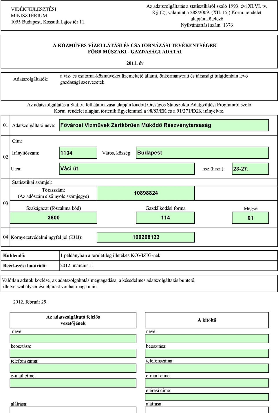 év Adatszolgáltatók: a víz- és csatorna-közműveket üzemeltető állami, önkormányzati és társasági tulajdonban lévő gazdasági szervezetek Az adatszolgáltatás a Stat.tv.