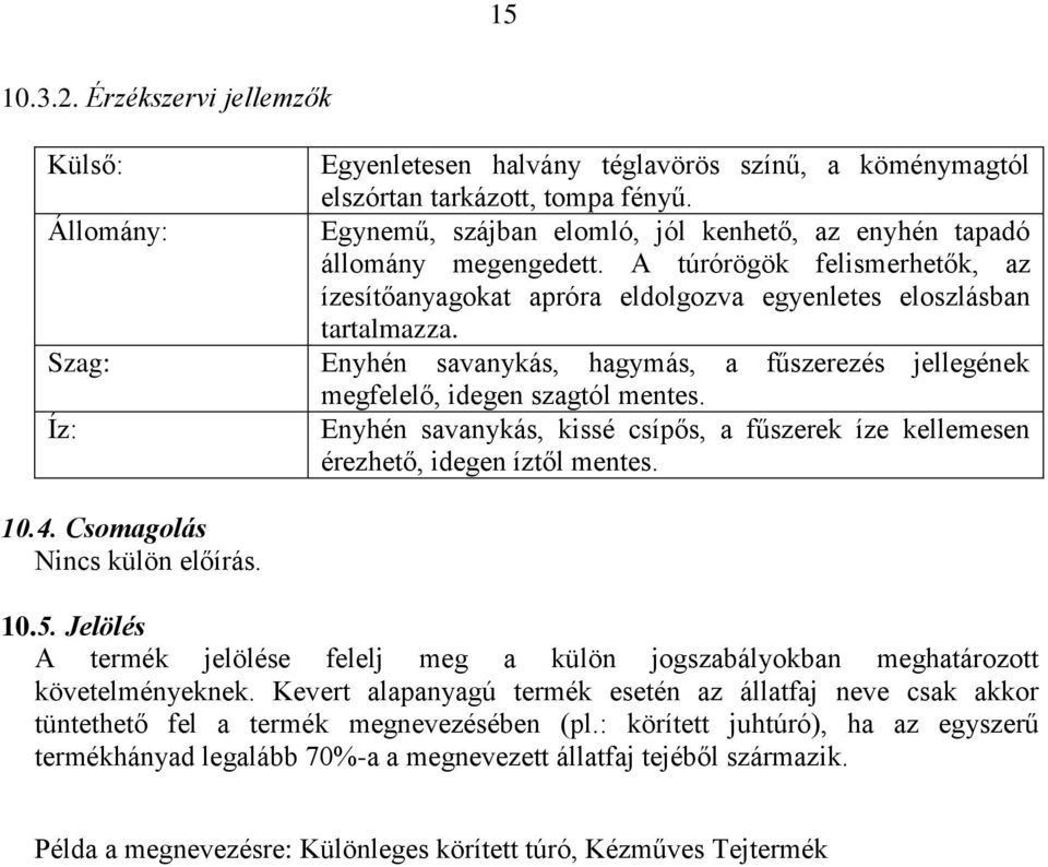 Enyhén savanykás, kissé csípős, a fűszerek íze kellemesen érezhető, idegen íztől mentes. 10.4. Csomagolás 10.5.