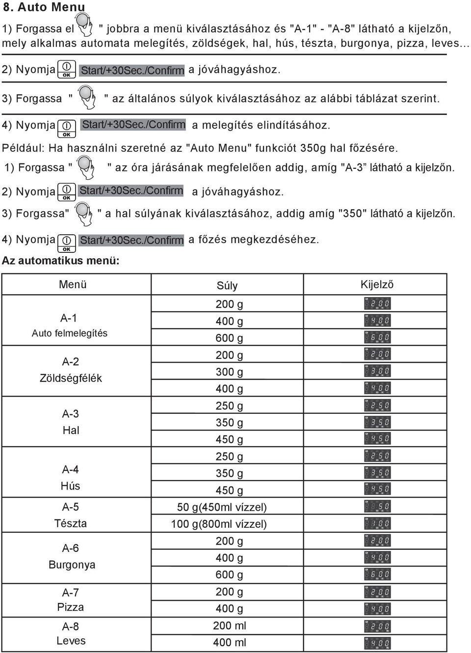 Például: Ha használni szeretné az "Auto Menu" funkciót 350g hal főzésére. 1) Forgassa " " az óra járásának megfelelően addig, amíg "A-3 látható a kijelzőn. 2) Nyomja Start/+30Sec.