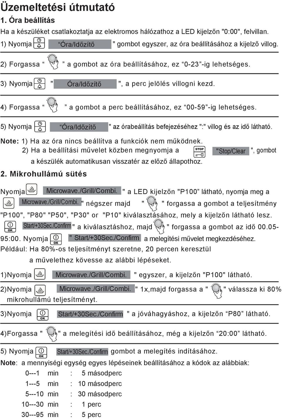 3) Nyomja " Óra/Időzítő ", a perc jelölés villogni kezd. 4) Forgassa a gombot a perc beállításához, ez 00-59 -ig lehetséges.